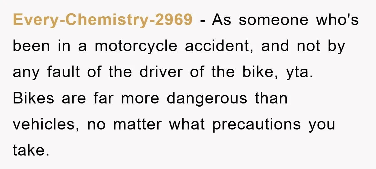 Every-Chemistry-2969 − As someone who's been in a motorcycle accident, and not by any fault of the driver of the bike, yta. Bikes are far more dangerous than vehicles, no...