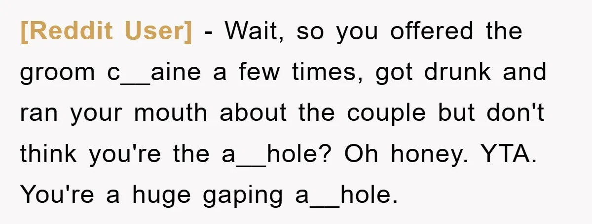 [Reddit User] − Wait, so you offered the groom c__aine a few times, got drunk and ran your mouth about the couple but don't think you're the a__hole? Oh honey....