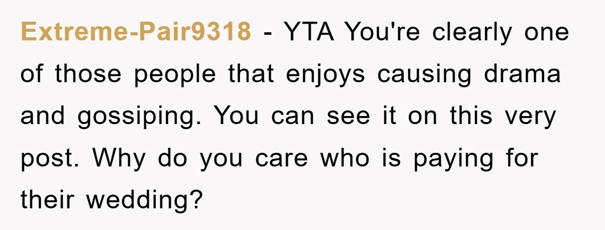 Extreme-Pair9318 − YTA You're clearly one of those people that enjoys causing drama and gossiping. You can see it on this very post. Why do you care who is paying...