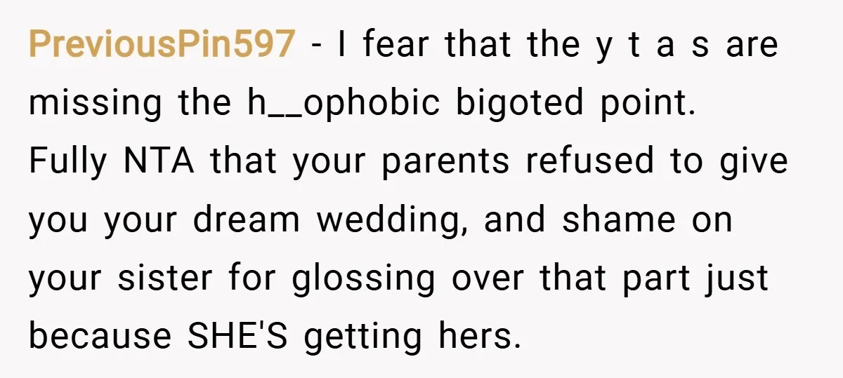 PreviousPin597 − I fear that the y t a s are missing the h__ophobic bigoted point. Fully NTA that your parents refused to give you your dream wedding, and shame...