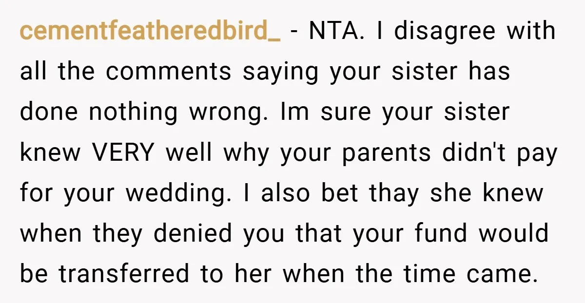 cementfeatheredbird_ − NTA. I disagree with all the comments saying your sister has done nothing wrong. Im sure your sister knew VERY well why your parents didn't pay for your...