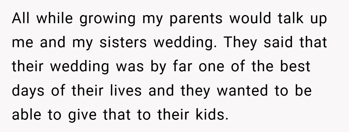 All while growing my parents would talk up me and my sisters wedding. They said that their wedding was by far one of the best days of their lives and...