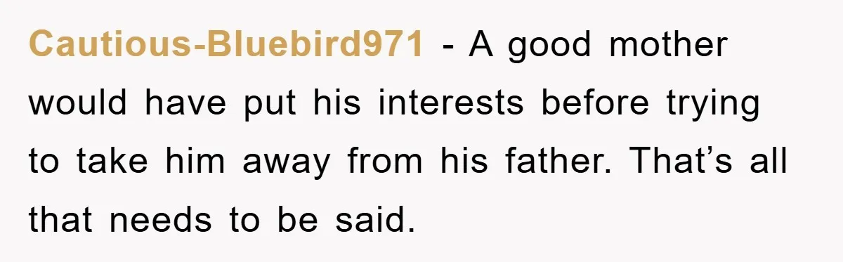 Cautious-Bluebird971 − A good mother would have put his interests before trying to take him away from his father. That’s all that needs to be said.