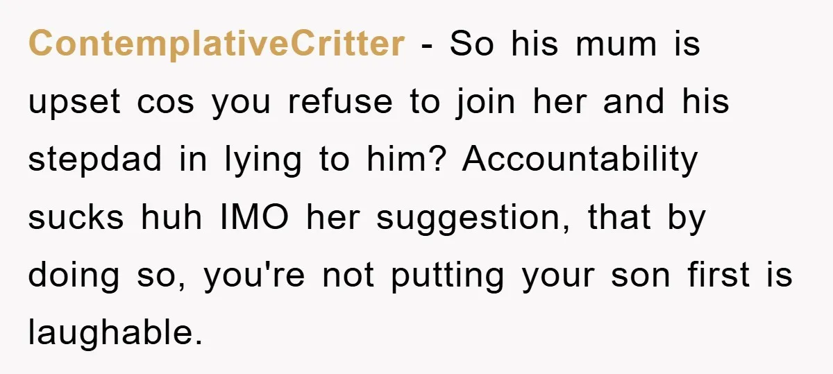 ContemplativeCritter − So his mum is upset cos you refuse to join her and his stepdad in lying to him? Accountability sucks huh IMO her suggestion, that by doing so,...