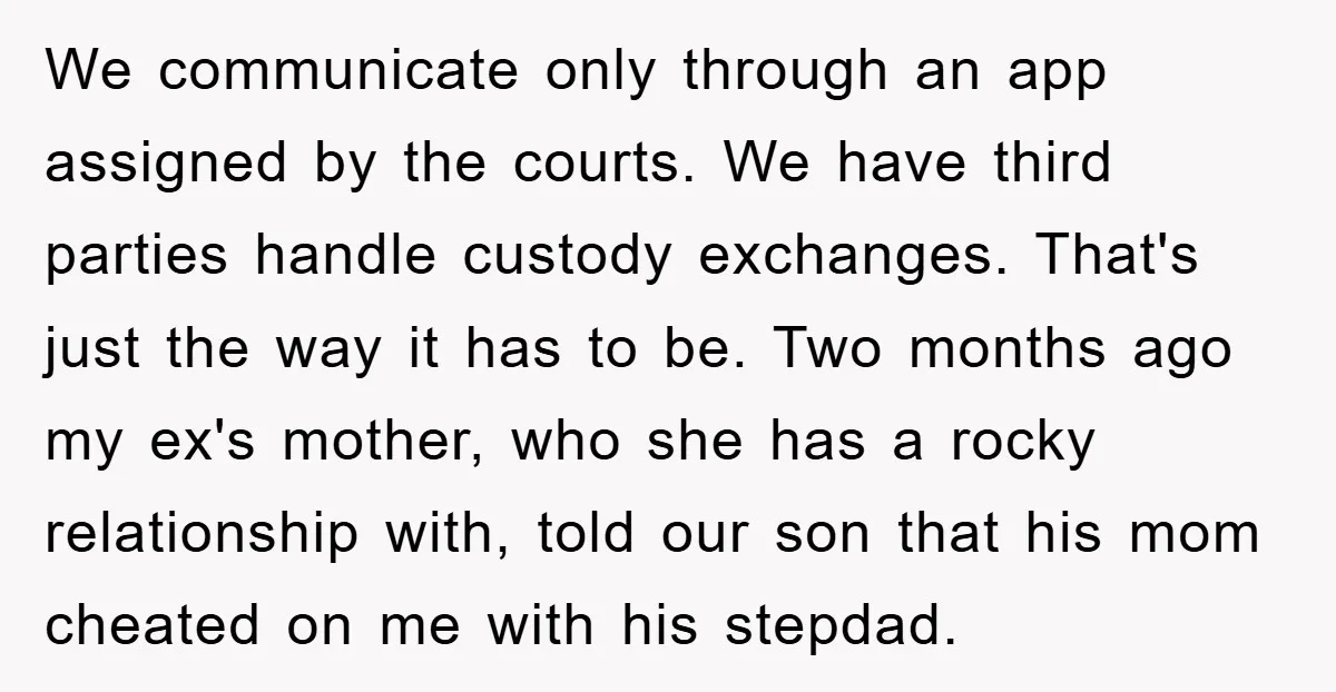 We communicate only through an app assigned by the courts. We have third parties handle custody exchanges. That's just the way it has to be. Two months ago my ex's...