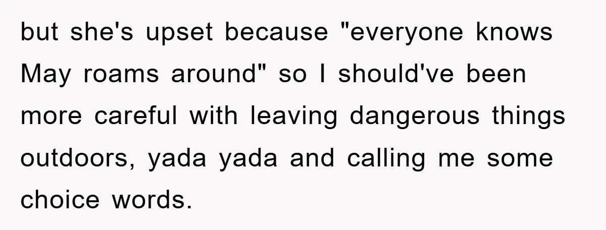but she's upset because "everyone knows May roams around" so I should've been more careful with leaving dangerous things outdoors, yada yada and calling me some choice words.