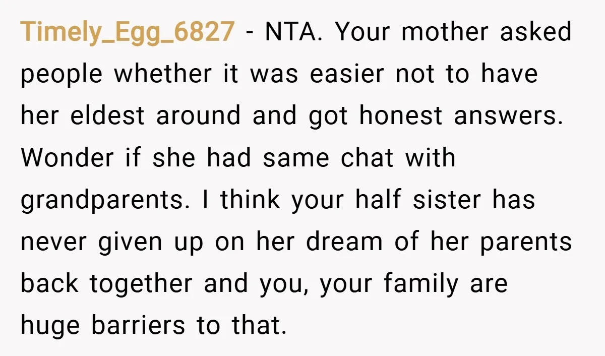 Timely_Egg_6827 − NTA. Your mother asked people whether it was easier not to have her eldest around and got honest answers. Wonder if she had same chat with grandparents. I...
