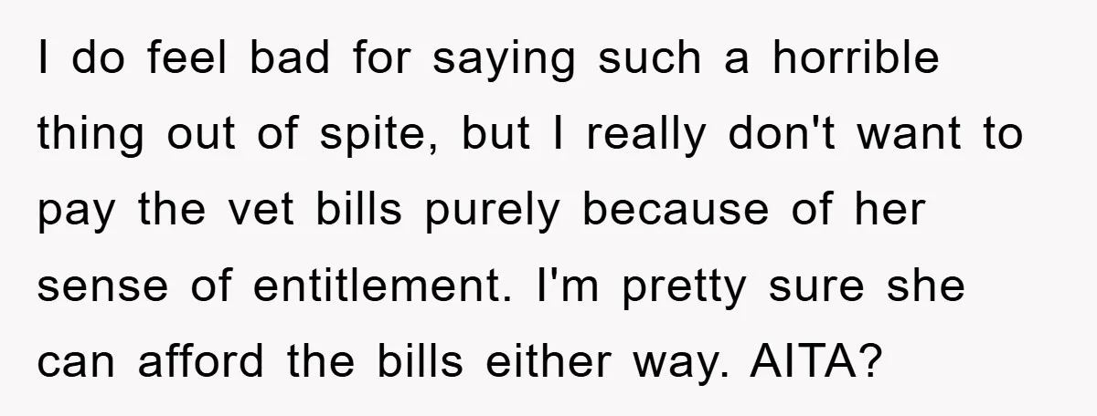 I do feel bad for saying such a horrible thing out of spite, but I really don't want to pay the vet bills purely because of her sense of entitlement....