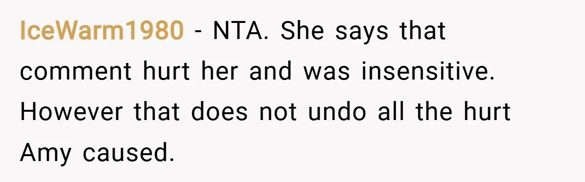 IceWarm1980 − NTA. She says that comment hurt her and was insensitive. However that does not undo all the hurt Amy caused.