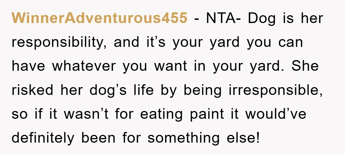 WinnerAdventurous455 − NTA- Dog is her responsibility, and it’s your yard you can have whatever you want in your yard. She risked her dog’s life by being irresponsible, so if...