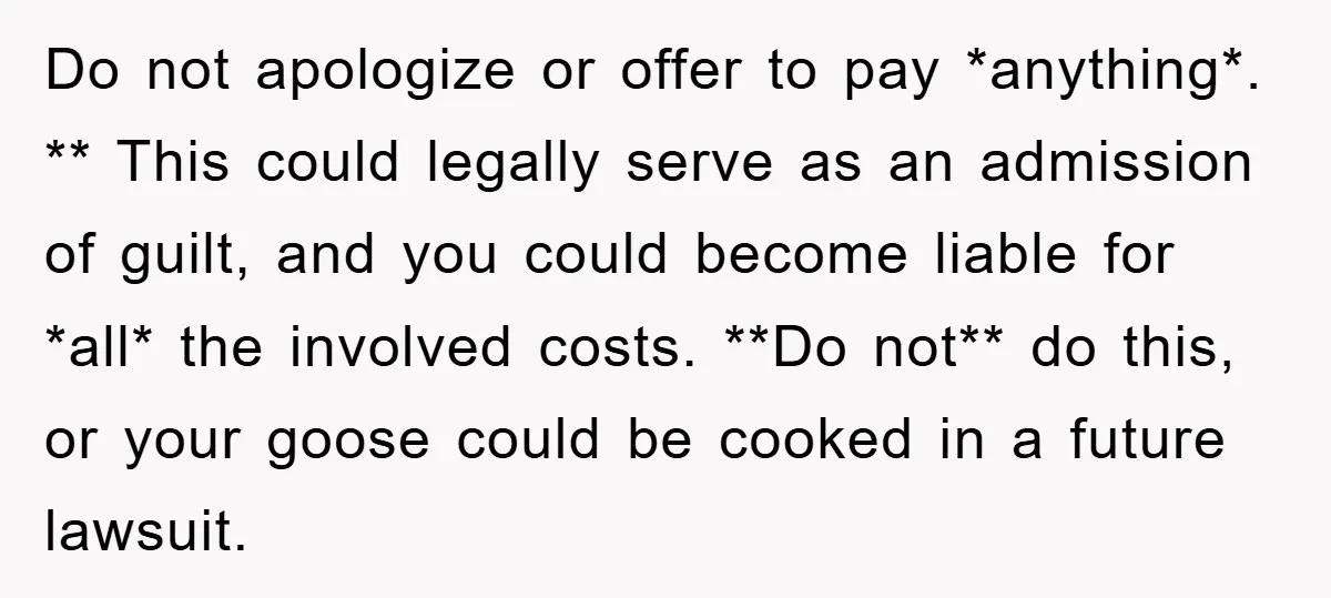 Do not apologize or offer to pay *anything*. ** This could legally serve as an admission of guilt, and you could become liable for *all* the involved costs. **Do not**...