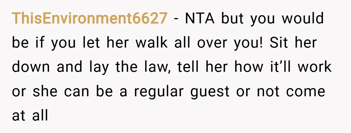 ThisEnvironment6627 − NTA but you would be if you let her walk all over you! Sit her down and lay the law, tell her how it’ll work or she can...