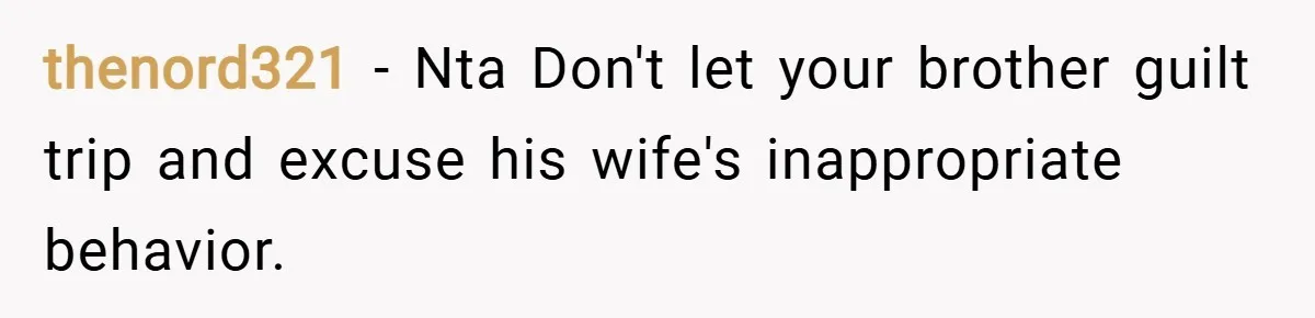 thenord321 − Nta Don't let your brother guilt trip and excuse his wife's inappropriate behavior.