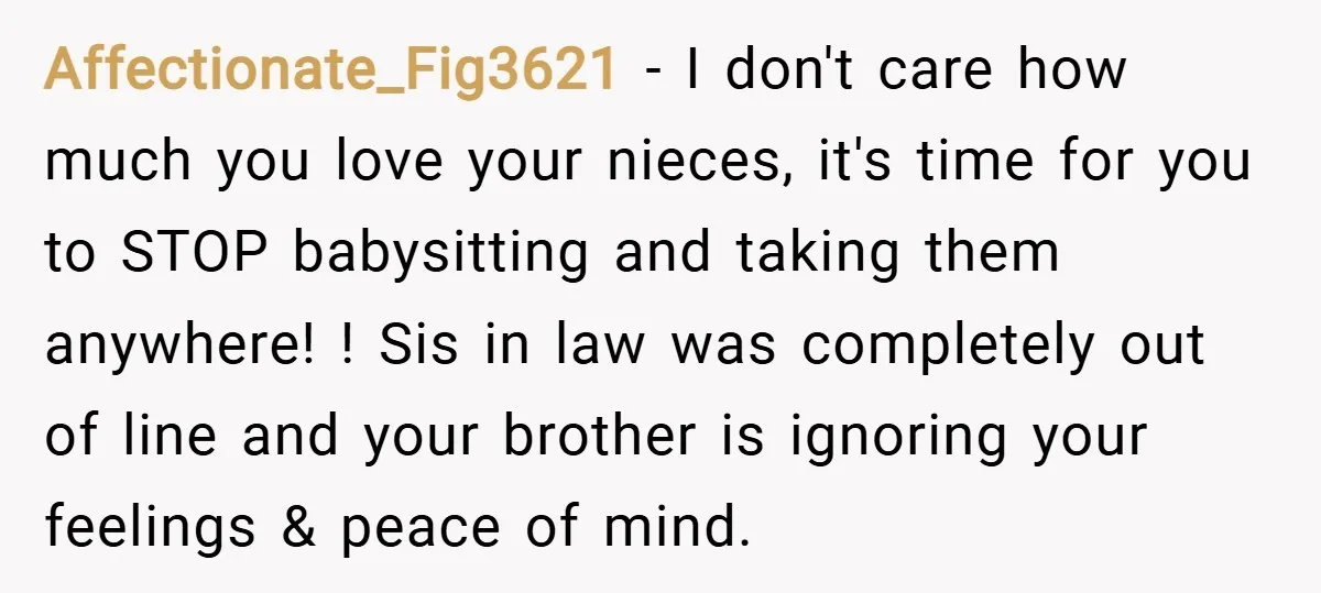 Affectionate_Fig3621 − I don't care how much you love your nieces, it's time for you to STOP babysitting and taking them anywhere! ! Sis in law was completely out of...