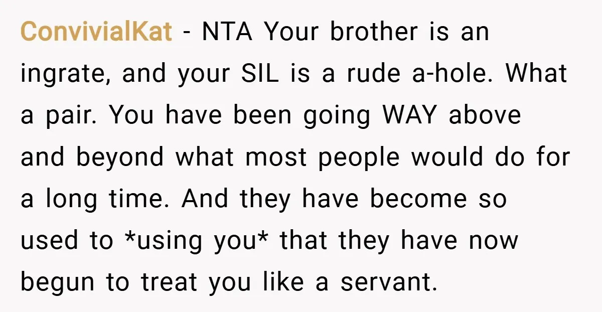 ConvivialKat − NTA Your brother is an ingrate, and your SIL is a rude a-hole. What a pair. You have been going WAY above and beyond what most people would...