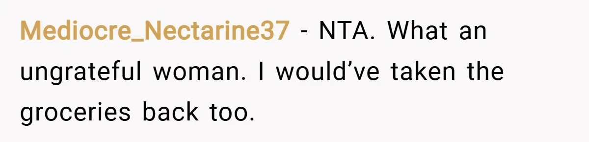 Mediocre_Nectarine37 − NTA. What an ungrateful woman. I would’ve taken the groceries back too.