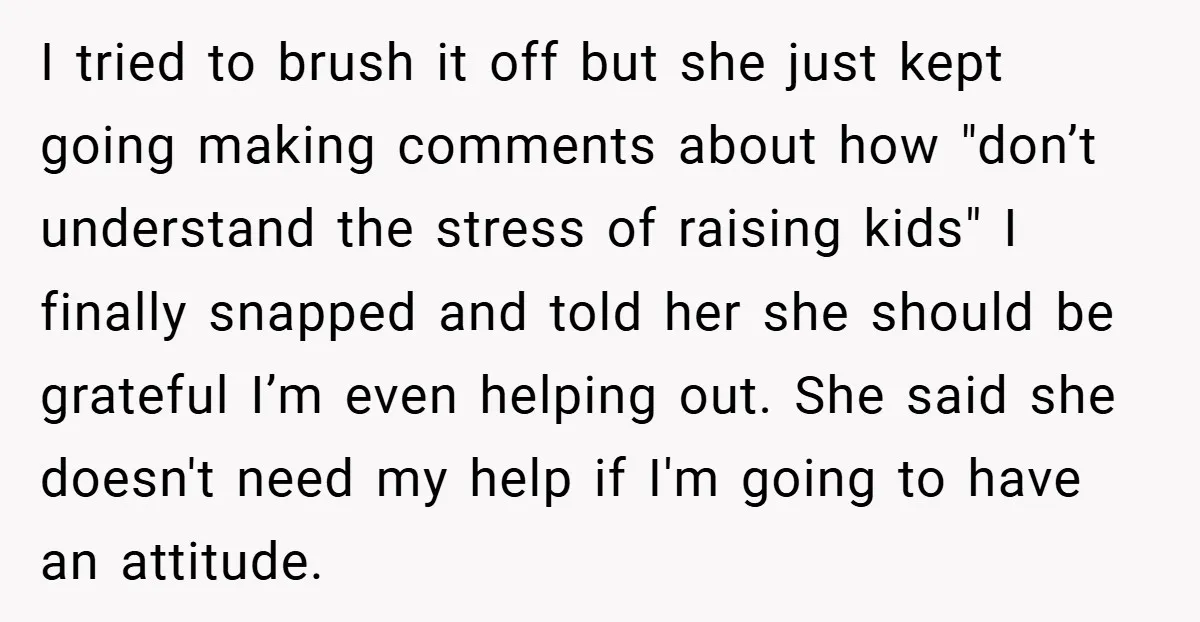 I tried to brush it off but she just kept going making comments about how "don’t understand the stress of raising kids" I finally snapped and told her she should...