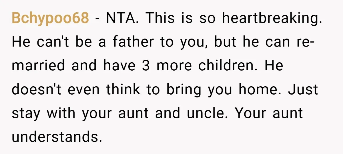 Bchypoo68 − NTA. This is so heartbreaking. He can't be a father to you, but he can re-married and have 3 more children. He doesn't even think to bring you...
