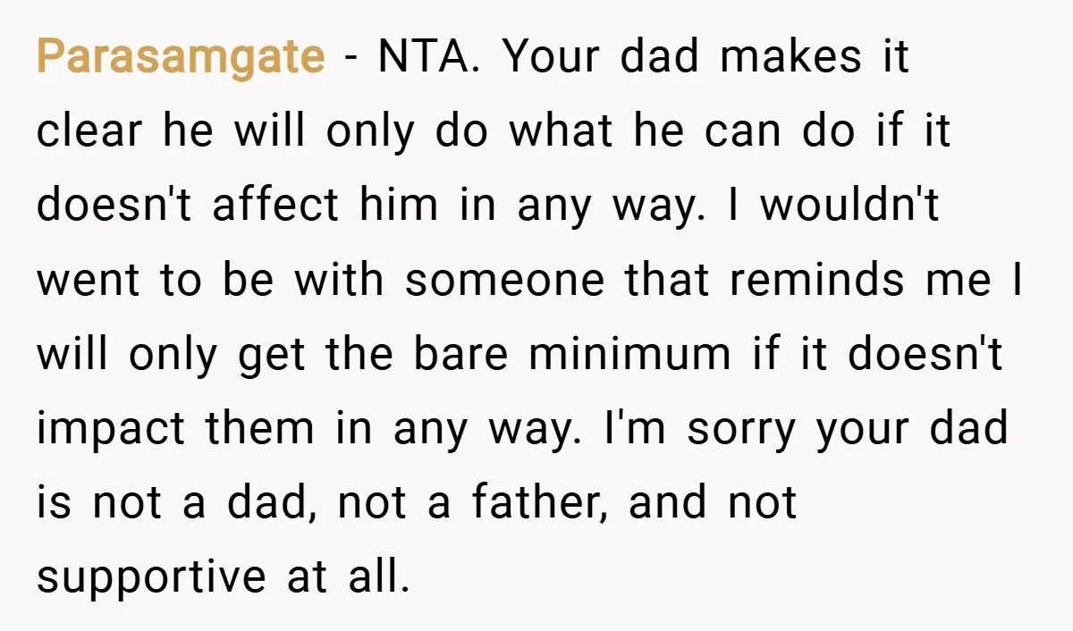 Parasamgate − NTA. Your dad makes it clear he will only do what he can do if it doesn't affect him in any way. I wouldn't went to be with...