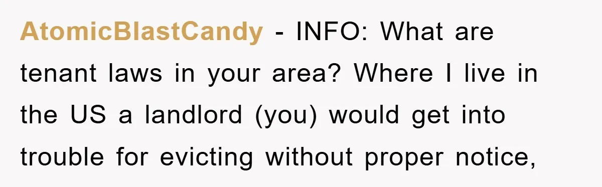 AtomicBlastCandy − INFO: What are tenant laws in your area? Where I live in the US a landlord (you) would get into trouble for evicting without proper notice,