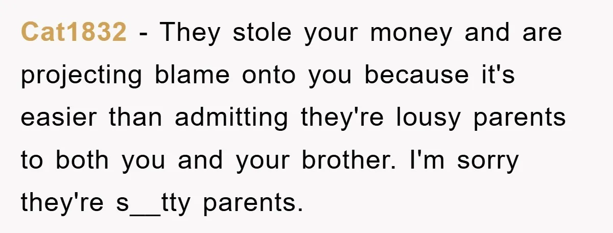Cat1832 − They stole your money and are projecting blame onto you because it's easier than admitting they're lousy parents to both you and your brother. I'm sorry they're s__tty...
