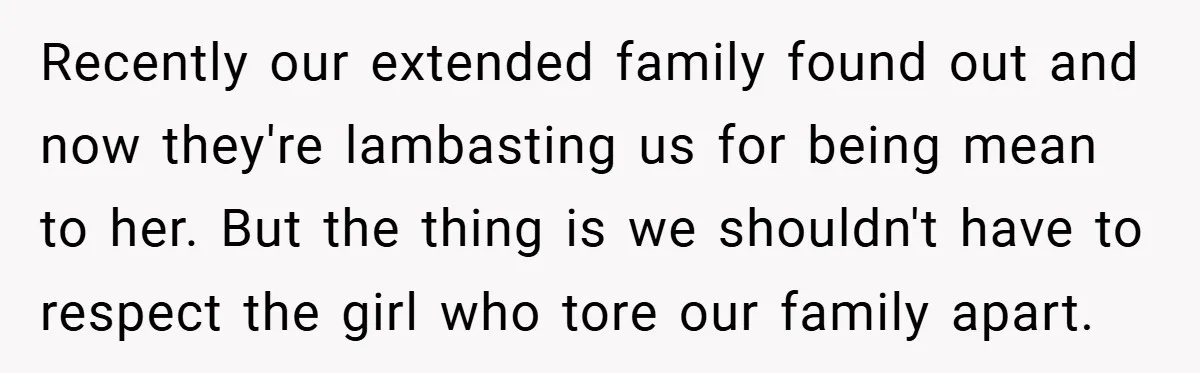 Recently our extended family found out and now they're lambasting us for being mean to her. But the thing is we shouldn't have to respect the girl who tore our...
