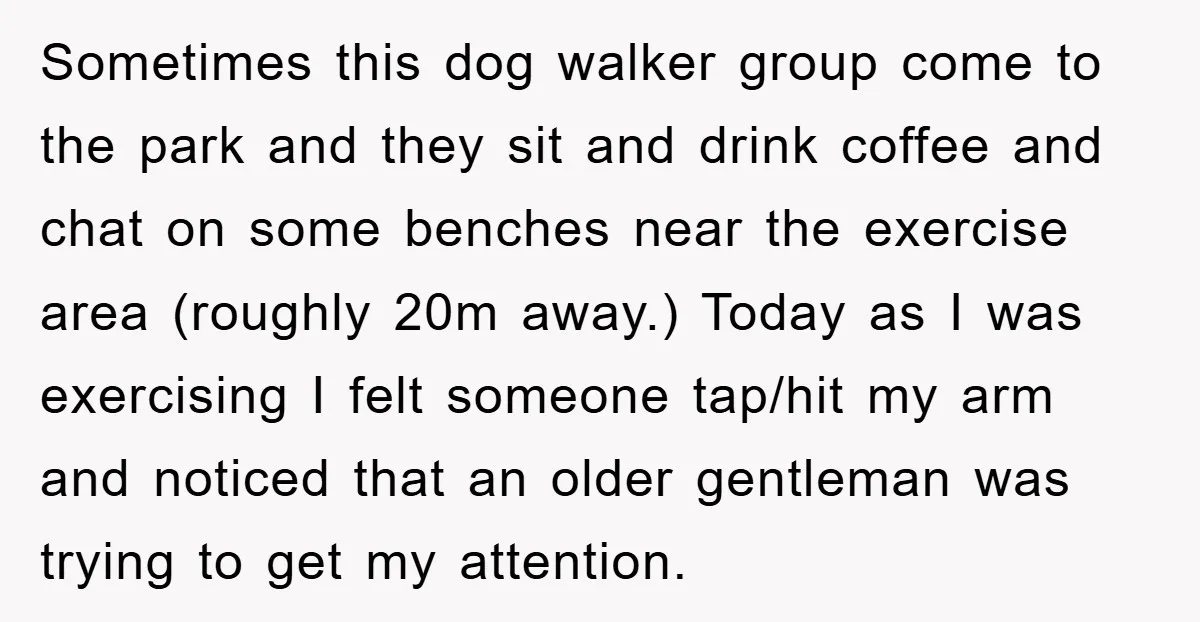 Sometimes this dog walker group come to the park and they sit and drink coffee and chat on some benches near the exercise area (roughly 20m away.) Today as I...