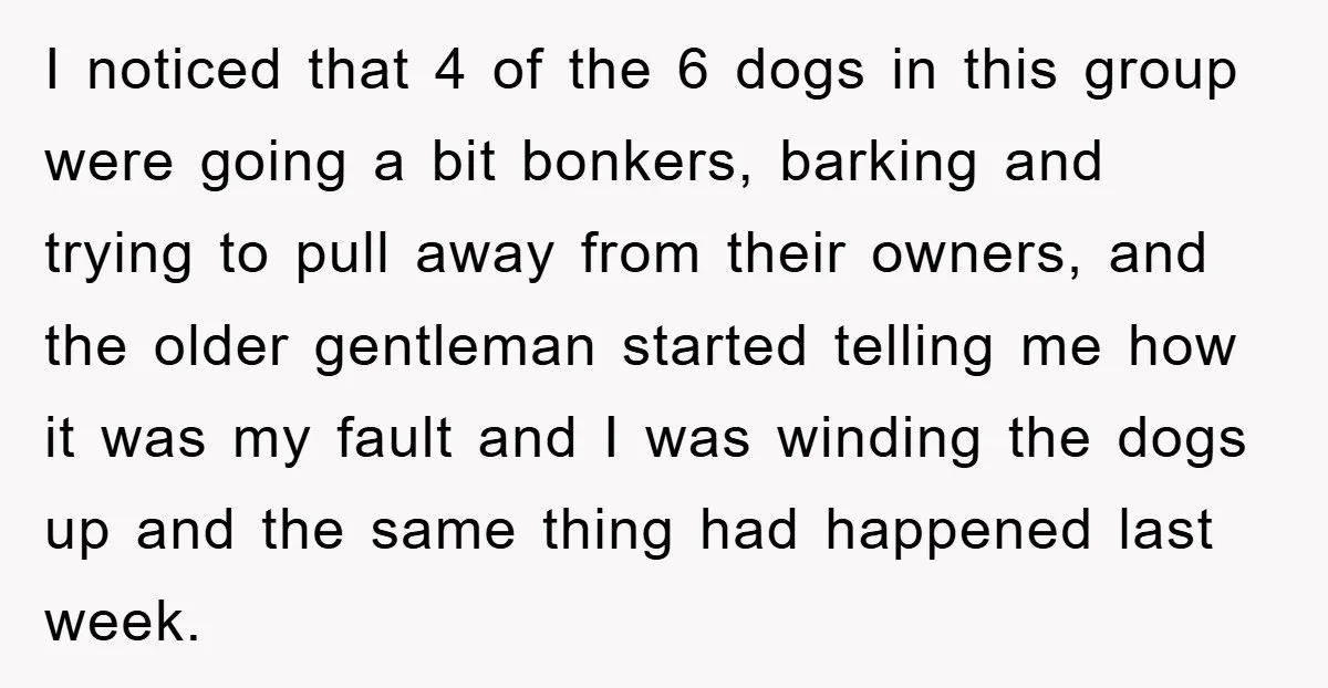 I noticed that 4 of the 6 dogs in this group were going a bit bonkers, barking and trying to pull away from their owners, and the older gentleman started...
