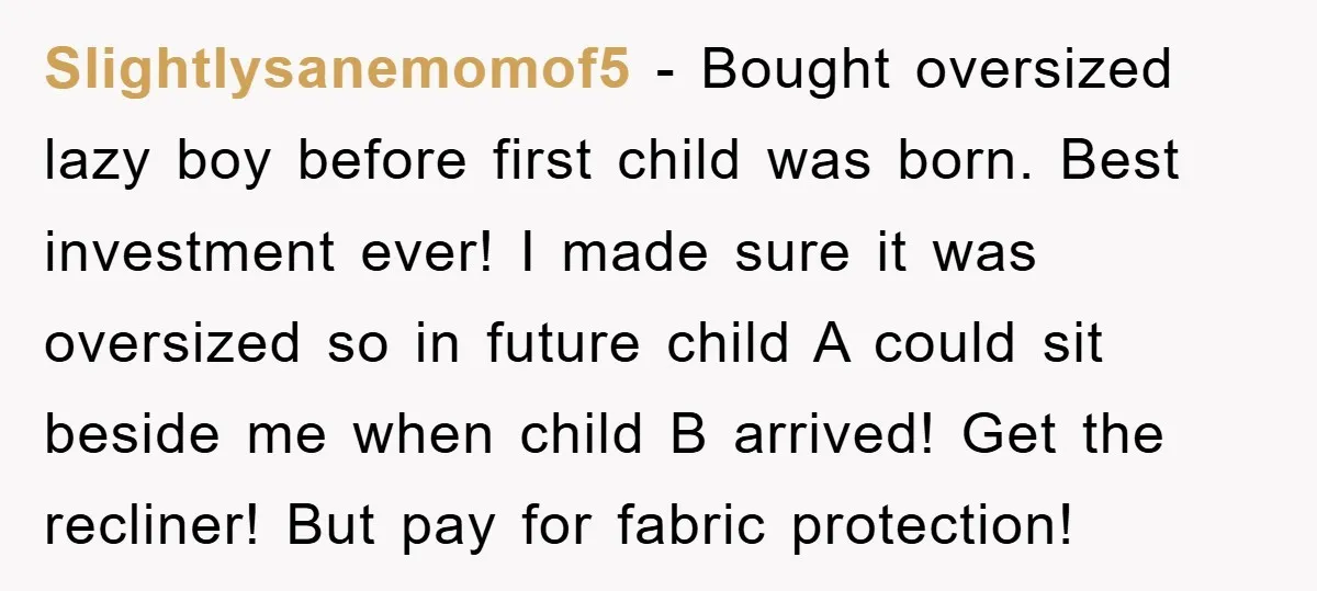 Slightlysanemomof5 − Bought oversized lazy boy before first child was born. Best investment ever! I made sure it was oversized so in future child A could sit beside me when...