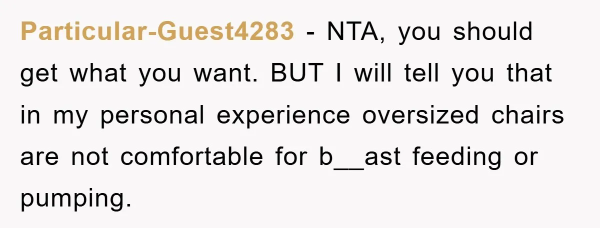 Particular-Guest4283 − NTA, you should get what you want. BUT I will tell you that in my personal experience oversized chairs are not comfortable for b__ast feeding or pumping.