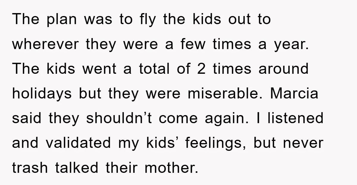 The plan was to fly the kids out to wherever they were a few times a year. The kids went a total of 2 times around holidays but they were...