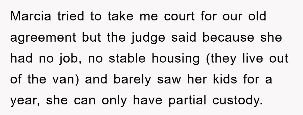 Marcia tried to take me court for our old agreement but the judge said because she had no job, no stable housing (they live out of the van) and barely...