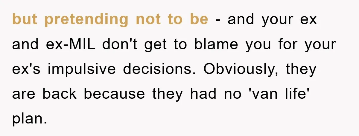 but pretending not to be - and your ex and ex-MIL don't get to blame you for your ex's impulsive decisions. Obviously, they are back because they had no 'van...
