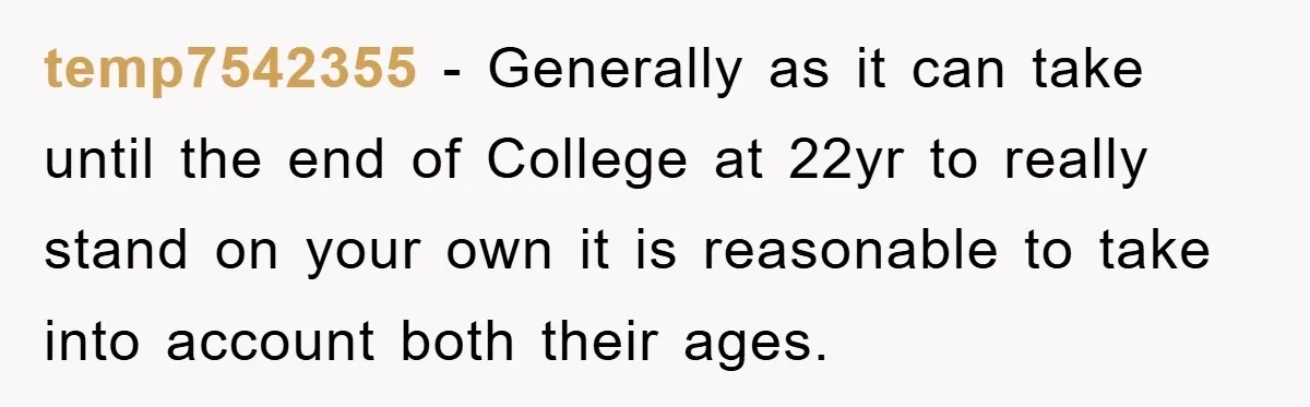 temp7542355 − Generally as it can take until the end of College at 22yr to really stand on your own it is reasonable to take into account both their ages.