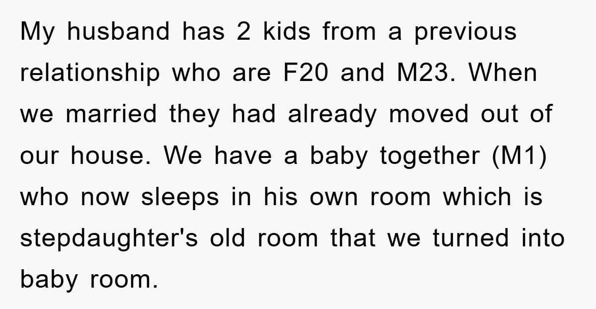 My husband has 2 kids from a previous relationship who are F20 and M23. When we married they had already moved out of our house. We have a baby together...