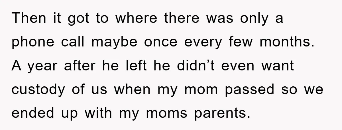 Then it got to where there was only a phone call maybe once every few months. A year after he left he didn’t even want custody of us when my...