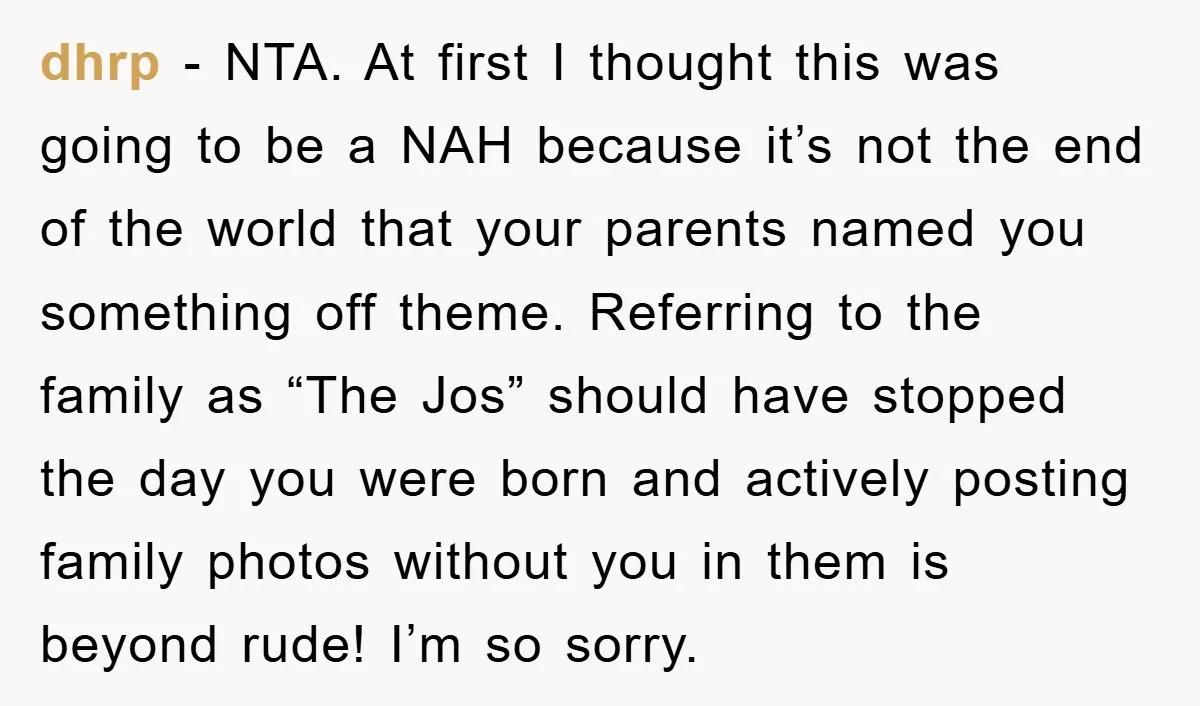 dhrp − NTA. At first I thought this was going to be a NAH because it’s not the end of the world that your parents named you something off theme....