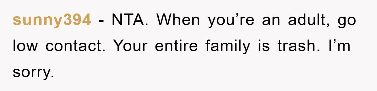 sunny394 − NTA. When you’re an adult, go low contact. Your entire family is trash. I’m sorry.