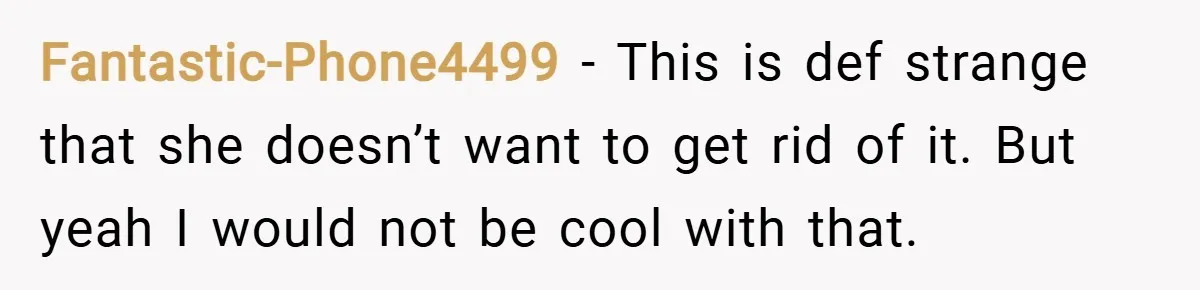 Fantastic-Phone4499 − This is def strange that she doesn’t want to get rid of it. But yeah I would not be cool with that.