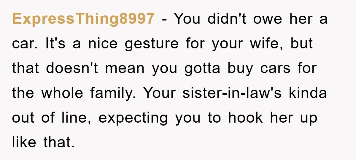 ExpressThing8997 − You didn't owe her a car. It's a nice gesture for your wife, but that doesn't mean you gotta buy cars for the whole family. Your sister-in-law's kinda...