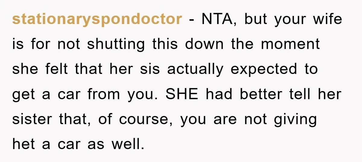 stationaryspondoctor − NTA, but your wife is for not shutting this down the moment she felt that her sis actually expected to get a car from you. SHE had better...