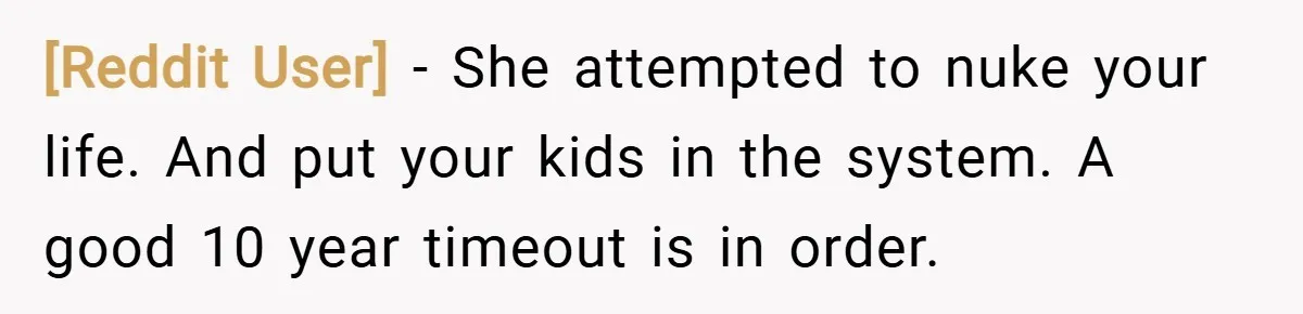 [Reddit User] − She attempted to nuke your life. And put your kids in the system. A good 10 year timeout is in order.