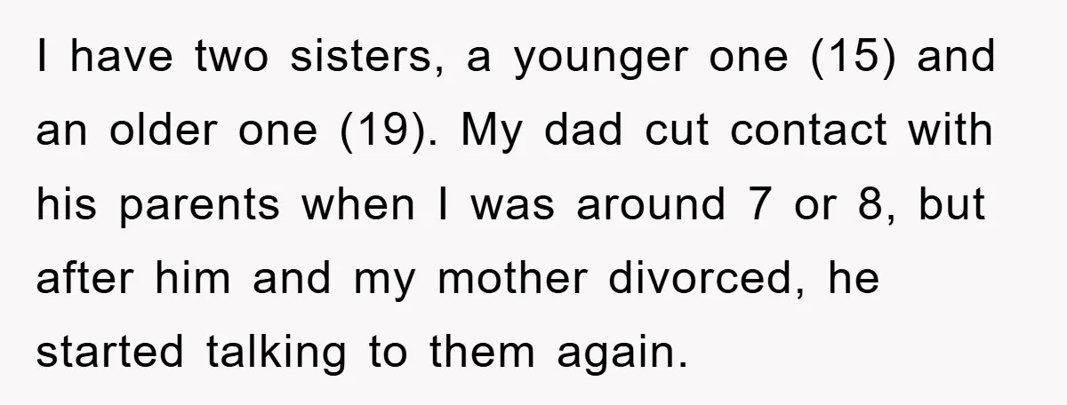 I have two sisters, a younger one (15) and an older one (19). My dad cut contact with his parents when I was around 7 or 8, but after him...