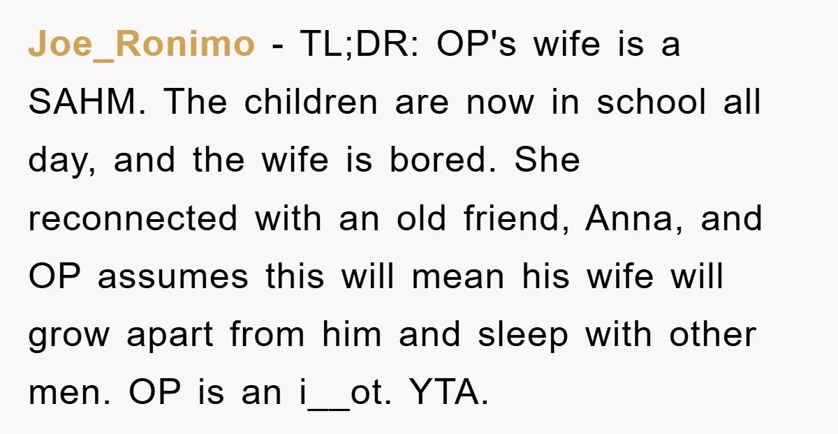 Joe_Ronimo − TL;DR: OP's wife is a SAHM. The children are now in school all day, and the wife is bored. She reconnected with an old friend, Anna, and OP...