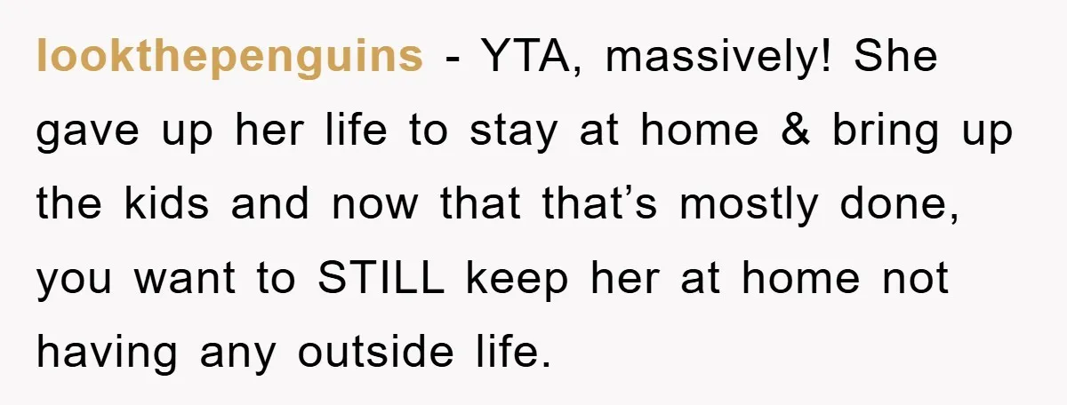 lookthepenguins − YTA, massively! She gave up her life to stay at home & bring up the kids and now that that’s mostly done, you want to STILL keep her...