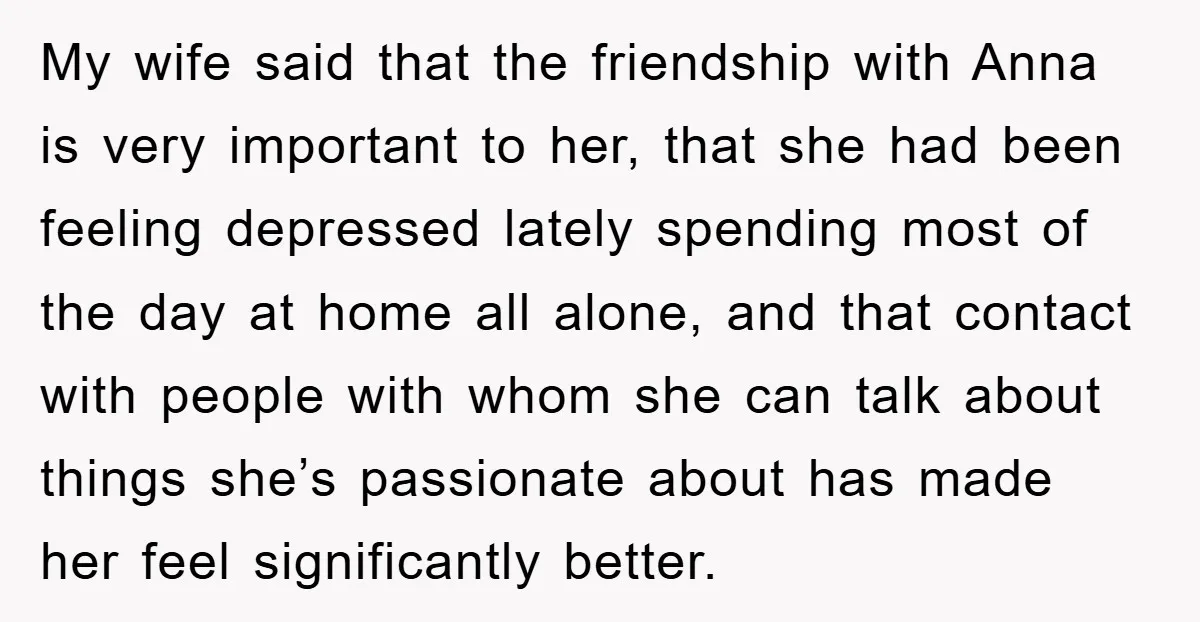 My wife said that the friendship with Anna is very important to her, that she had been feeling depressed lately spending most of the day at home all alone, and...