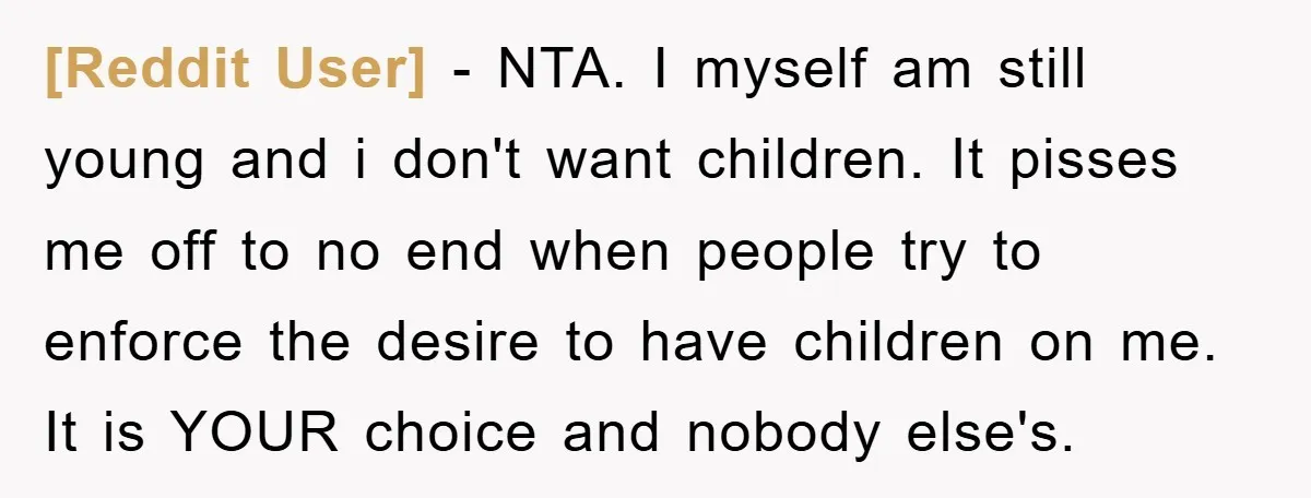 [Reddit User] − NTA. I myself am still young and i don't want children. It pisses me off to no end when people try to enforce the desire to have...
