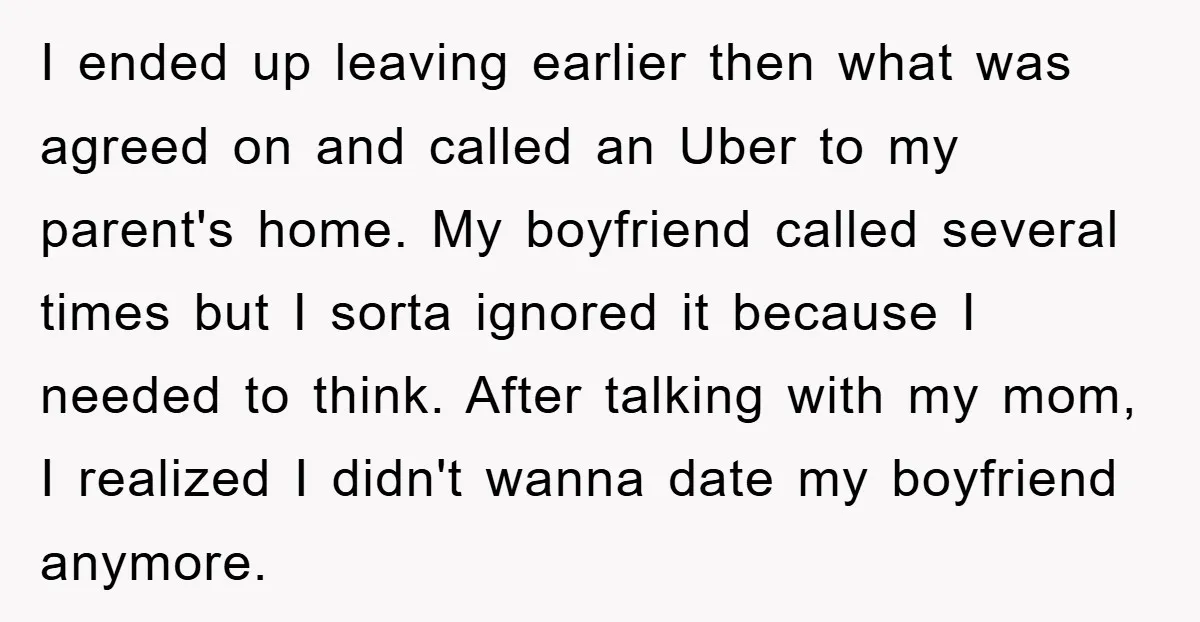 I ended up leaving earlier then what was agreed on and called an Uber to my parent's home. My boyfriend called several times but I sorta ignored it because I...