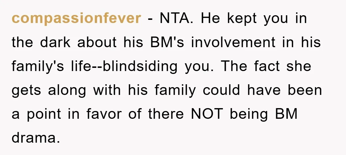 compassionfever − NTA. He kept you in the dark about his BM's involvement in his family's life--blindsiding you. The fact she gets along with his family could have been a...