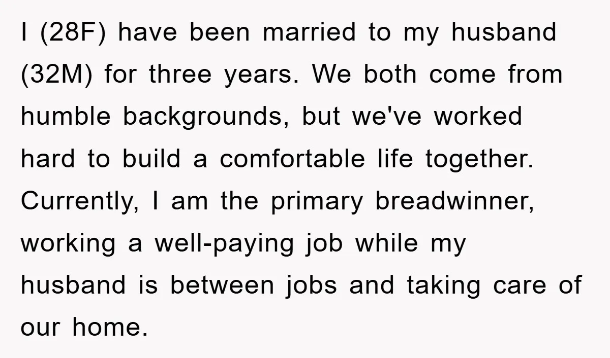 I (28F) have been married to my husband (32M) for three years. We both come from humble backgrounds, but we've worked hard to build a comfortable life together. Currently, I...
